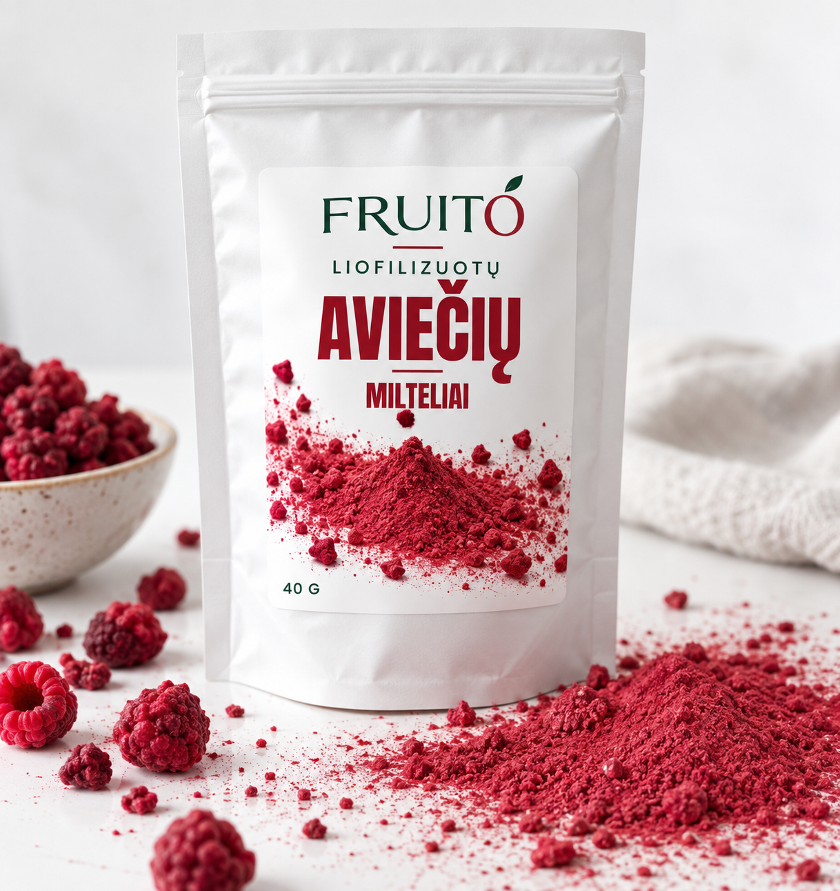 Liofilizuotų aviečių milteliai, 40 g.